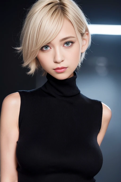 1 girl,(Wearing a black turtleneck sleeveless sweater:1.4),(RAW photo, highest quality), (realistic, photo-realistic:1.4), masterpiece, very delicate and beautiful, very detailed, 2k wallpaper, wonderful, finely, very detailed CG unity 8k wallpaper, Super detailed, High resolution, soft light, beautiful detailed girl, very detailed eyes and face, beautifully detailed nose, beautiful and detailed eyes,cinematic lighting,illuminated by neon lights at night,perfect anatomy,slender body,(straight face),blonde hair,(short hair)