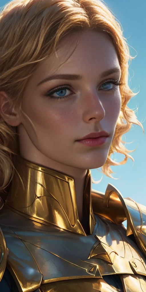 angel, armor gold (masterpiece, best quality, high resolution:1.4), 1girl, angel, skin pores texture, Hair blonde, HD , Photography, movie, cinematic, full Body, Realistic, (8k, RAW photo, best quality, masterpiece:1.2), (realistic, photo-realistic:1.33), best quality, detailed eyes blue, cute,natural lighting, depth of field, film grain, wrinkled skin, sharp, detailed and realistic portrait of a woman ,(freckles:0.5)