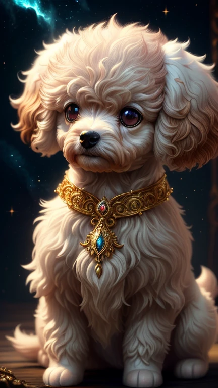 generate a celestial adorable non-human animal in the style of celestial and fantasy. the animal should be the most beautiful animal ever created. Consider details like fluffy and feathers and silk and satin and shimmer and glimmer. Include subtle details of phantasmal iridescence. emphasize small details of fantasy and ornate jewels. camera: utilize interesting and dynamic composition. enhance visual interest. lighting: use ambient lighting that enhances the ambiance of fantasy. include bold colors and deep shadows. hires, detailed eyes, hires detailed eyes, hires small details, ornate, intricate details, 8k, shimmer, unity, official cgi unreal engine, high resolution, (((masterpiece))), high quality, highres, detail enhancement, white toy poodle, brown eye