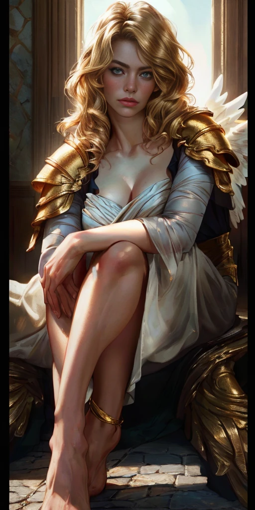 angel, armor gold (masterpiece, best quality, high resolution:1.4), 1girl, angel, skin pores texture, Hair blonde, HD , Photography, movie, cinematic, full Body, Realistic, (8k, RAW photo, best quality, masterpiece:1.2), (realistic, photo-realistic:1.33), best quality, detailed eyes blue, cute,natural lighting, depth of field, film grain, wrinkled skin, sharp, detailed and realistic portrait of a woman ,(freckles:0.5)
