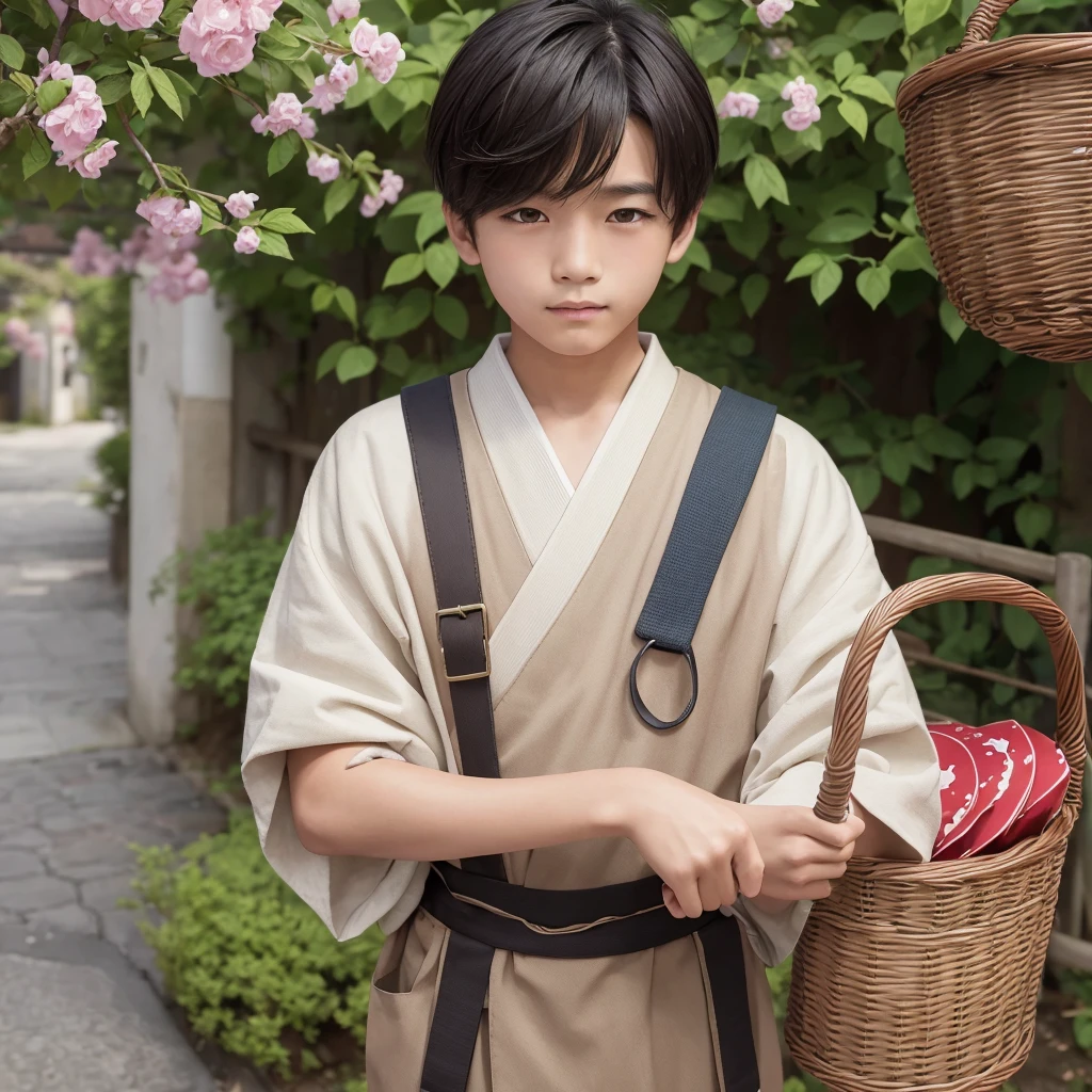  High resolution, Super detailed, masterpiece, highest quality,oriental、solo、boy、boy working in the field、basket backpack、Wearing traditional Japanese costumes、game poster、