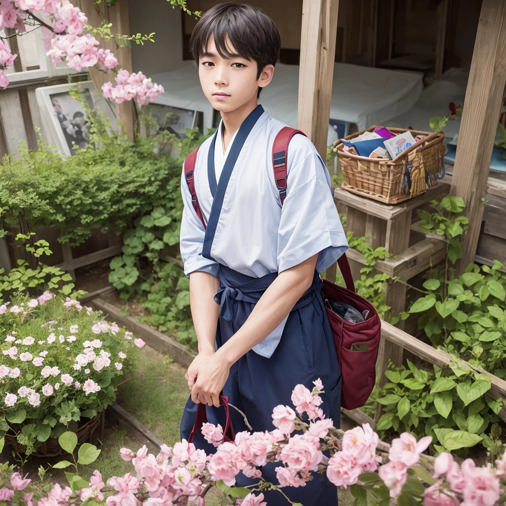 High resolution, Super detailed, masterpiece, highest quality,oriental、solo、boy、boy working in the field、basket backpack、Wearing traditional Japanese costumes、game poster、