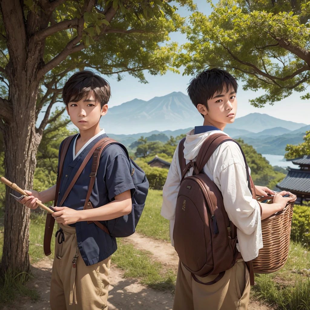 High resolution, Super detailed, masterpiece, highest quality,oriental、solo、boy、boy working in the field、basket backpack、Wearing traditional Japanese costumes、game poster、