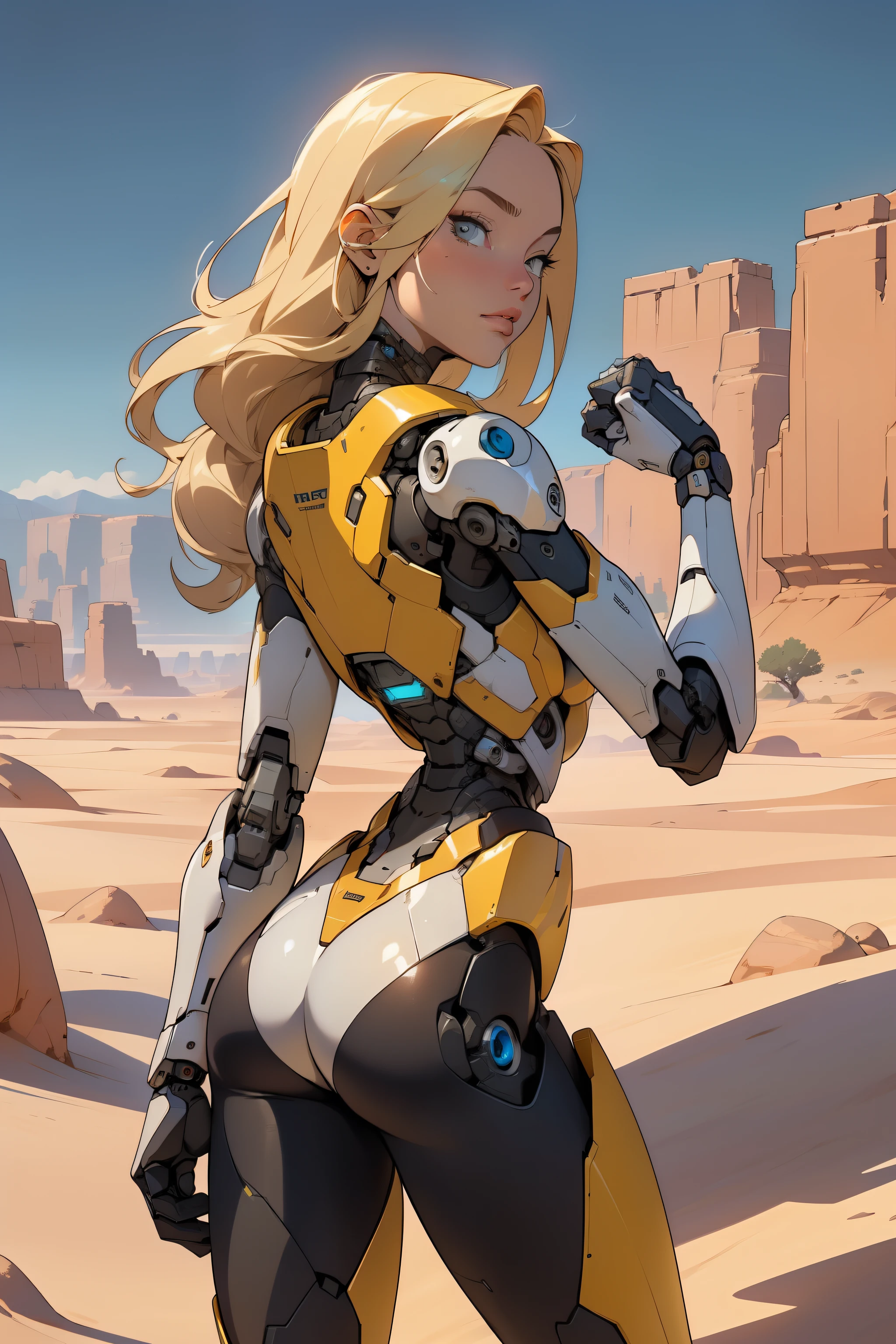 high quality, 4k, masterpiece, beautiful, cyborg girl, cowboy shot, dull eyes, back side, turning around to look at viewer, long blonde hair, girl, small breasts, fit thigh, robotic arms, robotic body, cyborg body, yellow accent, redaccent, intricate detail, joint, detailed lines, robotic detail, holding fist up, holding hand up as fist, color robotic parts, robotic parts with color, perfect fingers, on a desert planet, sunny background, colorful desert, a river in the background