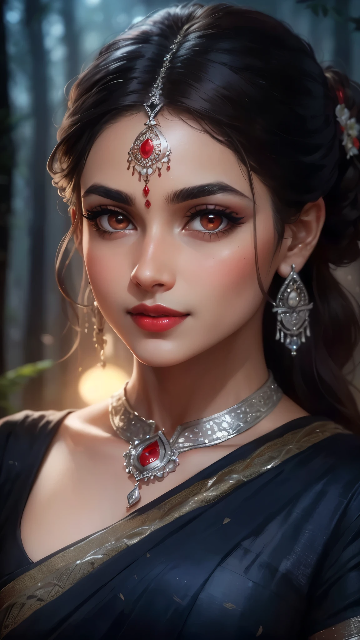 high quality, 8K Ultra HD, paintings with a Victoria Frances-like atmosphere, (holding Deepak), Detailed illustration of a fantastic beautiful woman, (beautiful face), (mature woman), perfect face, perfect eyes, perfect nose, perfect lips, paintings with a mysterious touch, outdoor background, (dark forest background), (night), full moon, awesome full color, little smile, (red lips), blush on face, (blush), ((silver eyes)), (((silver eyes))),((dark brown hair)), (((wearing a black and white saree))), ((red bindi between the eyebrows)), (((red bindi))), cinematic blue tone, cinematic colour grading