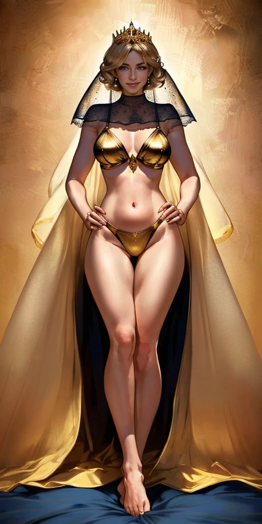angel, armor gold (masterpiece, best quality, high resolution:1.4), 1girl, angel, skin pores texture, Hair blonde, HD , Photography, movie, cinematic, full Body, Realistic, (8k, RAW photo, best quality, masterpiece:1.2), (realistic, photo-realistic:1.33), best quality, detailed eyes blue, cute,natural lighting, depth of field, film grain, soft skin, sharp, detailed and realistic portrait of a woman , smirking lustful smile, barefeet together laying on bed, golden bikini, milf, bimbo, body over pink sheet, tiara, princess bedroom background, cover face with transparent veil, nice ass, thick hips, hands on hips