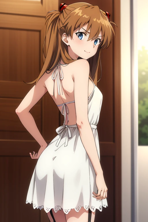 1girl, souryuu asuka langley, (low back dress, backless cami dress), narrow hips, formal party, mischievous look, garter, small frame, jewelry 