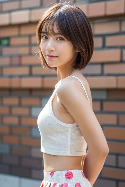 A Japanese woman with a live-action thin face standing facing forward is the Japanese actress Minami Hamabe, Her face is Minami Hamabe, a Japanese actress., Standing posture, The camera is shot from the front (outfit detailing: white tank top with polka dots, Fluttering colorful mini skirt) (Body details:lean body, Height: 155cm, Bust 78cm, Waist 55cm, Hip 85cm, Healthy thighs) (detailed background, Old brick)(Detailed model figure:face is facing the camera, The body is facing the camera) (Photo composition:Front of the body, Photo from thighs up,looking at the camera, Photo from the front) (hair details:Bob cut brown hair)