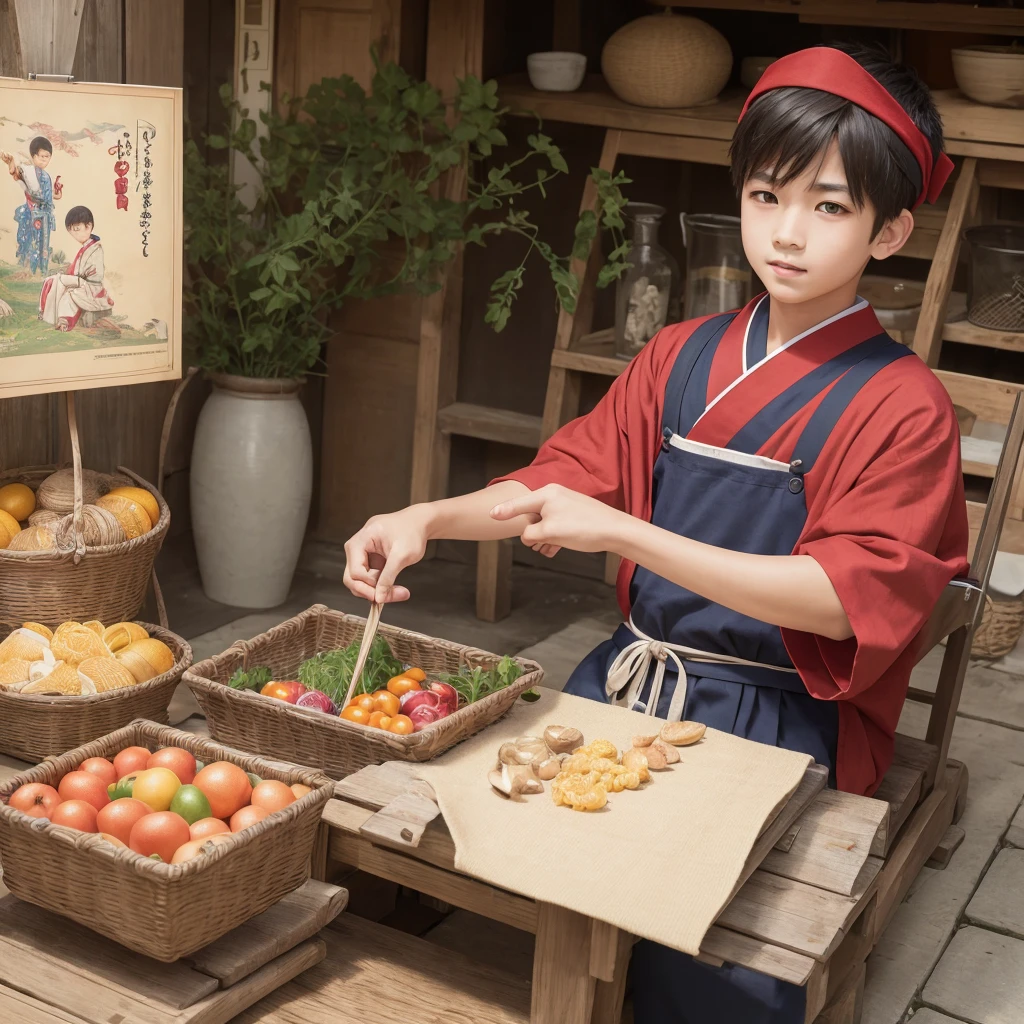 High resolution, Super detailed, masterpiece, highest quality,oriental、solo、boy、boy working in the field、panier、Wearing traditional Japanese costumes、game poster、