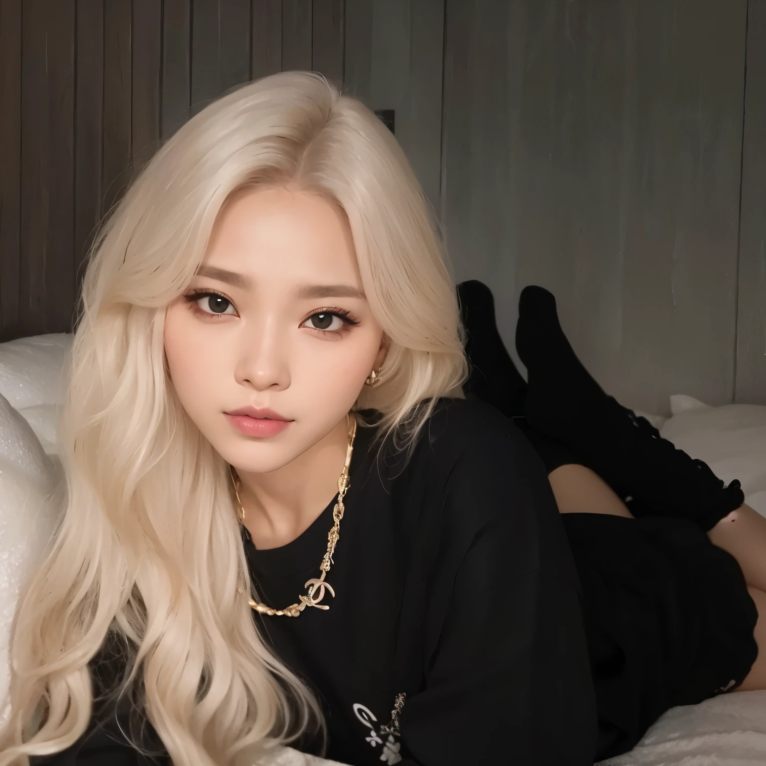 um close up de uma mulher com longos cabelos loiros vestindo uma camisa preta, grandes seios, her hair is white, cabelo loiro muito claro, coreana, com longos cabelos brancos, korean idol, com cabelos longos brancos, 18 anos de idade, melhor qualidade, 4k