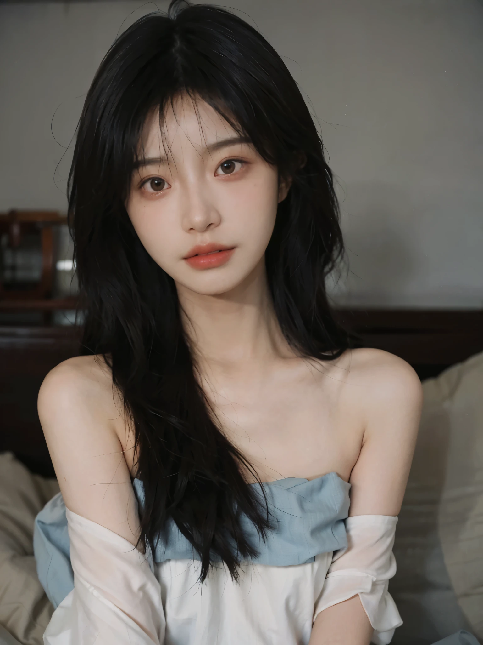 Film portrait photography, 1 girl, bare shoulders, Shoulder length wavy hair, serene, calm, (Realistic and detailed eyes, natural skin texture, Realistic facial details), Soft dramatic lighting, depth of field, Bokeh, Vibrant details, Detailed and detailed, Surrealism, 35mm film, hazy, ,