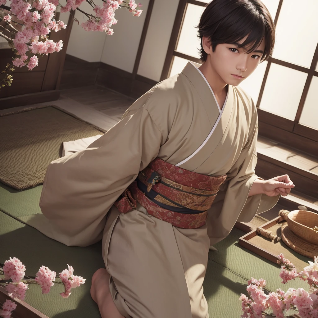 High resolution, Super detailed, masterpiece, highest quality,oriental、solo、boy、boy working in the field、Wearing traditional Japanese costumes、game poster、