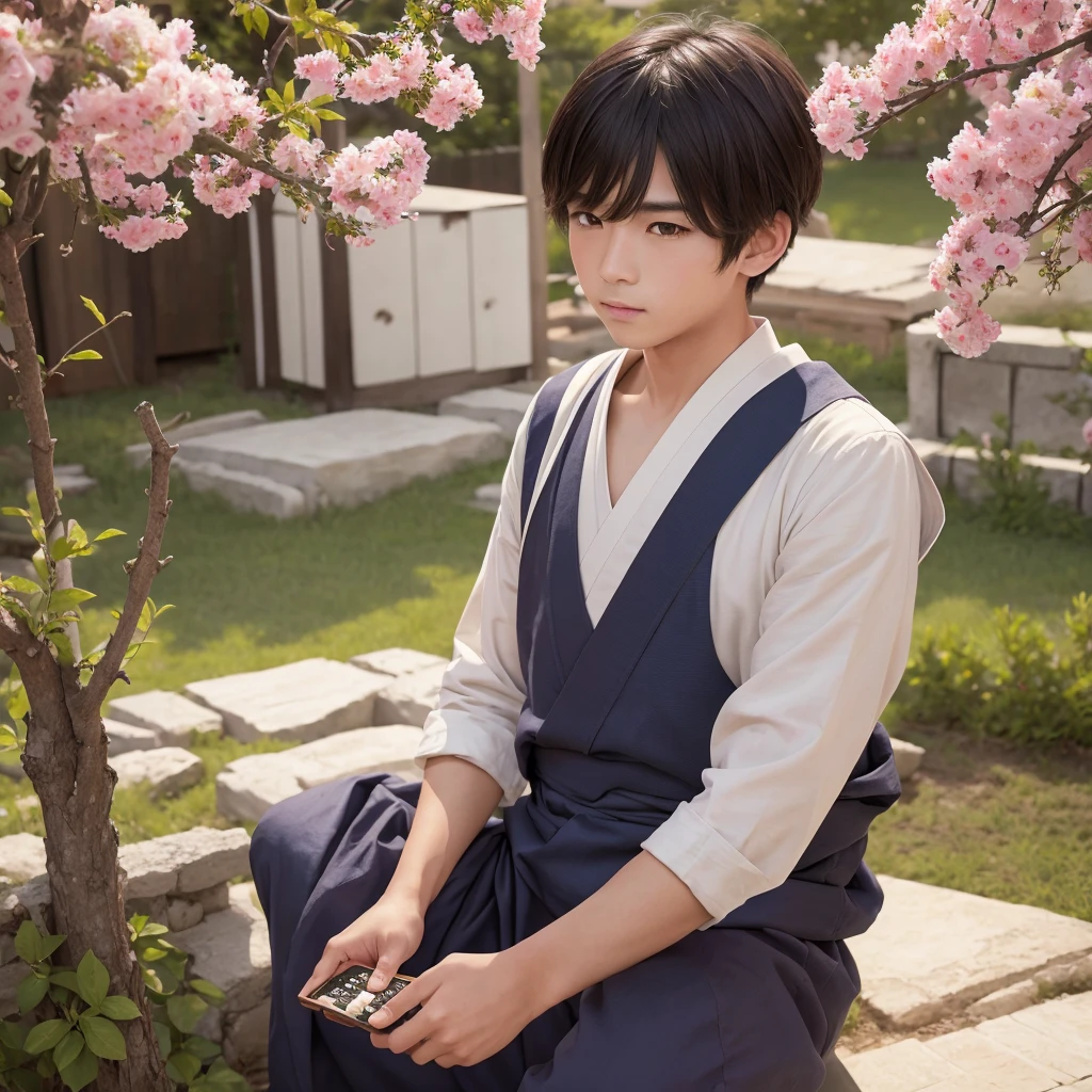 High resolution, Super detailed, masterpiece, highest quality,oriental、solo、boy、boy working in the field、Wearing traditional Japanese costumes、game poster、