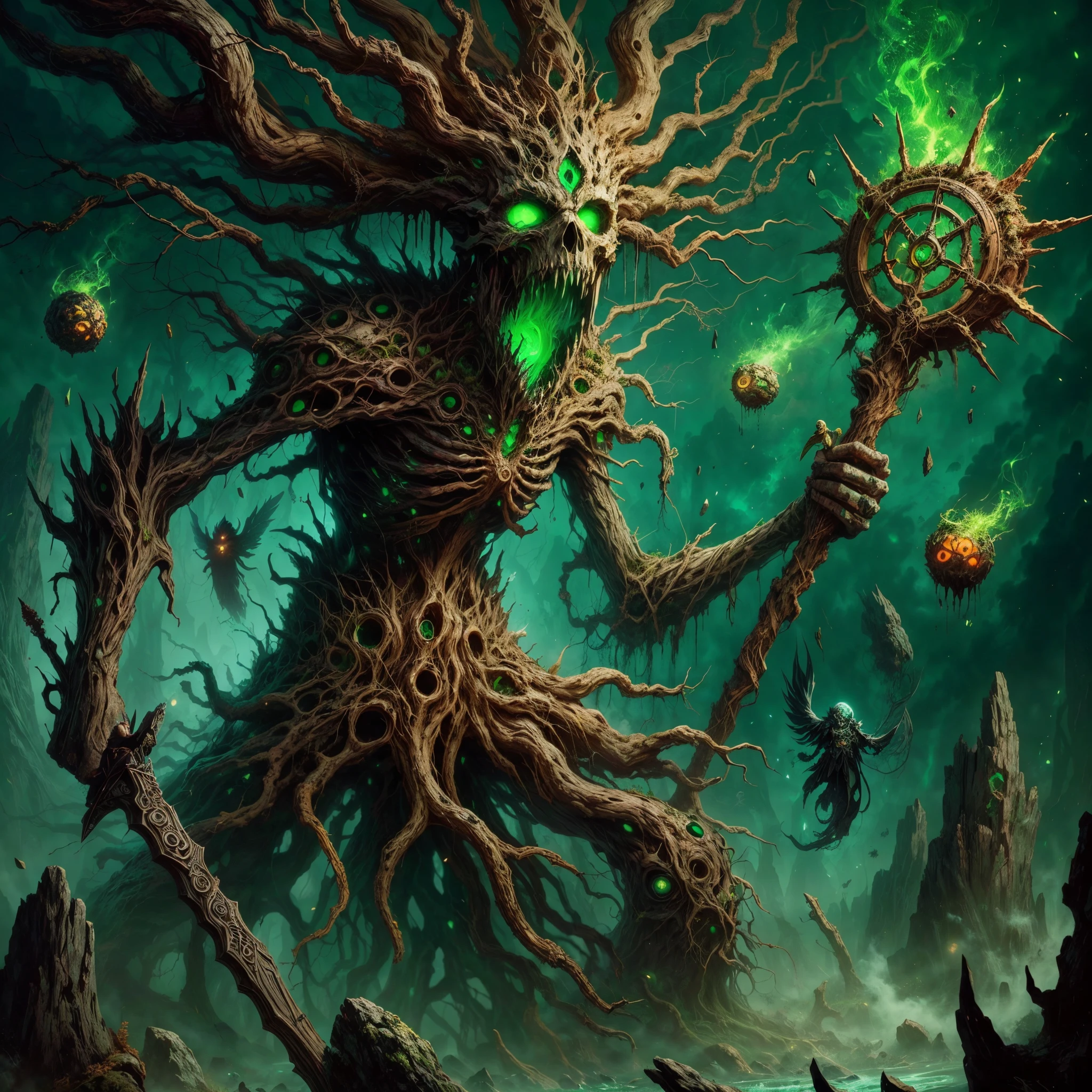 dark soul boss,elden Ring style,a corrupted tree man, an eldritch being inside a tree, 8 long thick root came from the back, corrupted wood hand and arm,  holding a runic dead tree branch as a spear, toxic fruit as bomb,thick trunk tentacles,glowing green eye,death green aura, open mouth, holding corrupted death fruit, astral ghost flying around, 