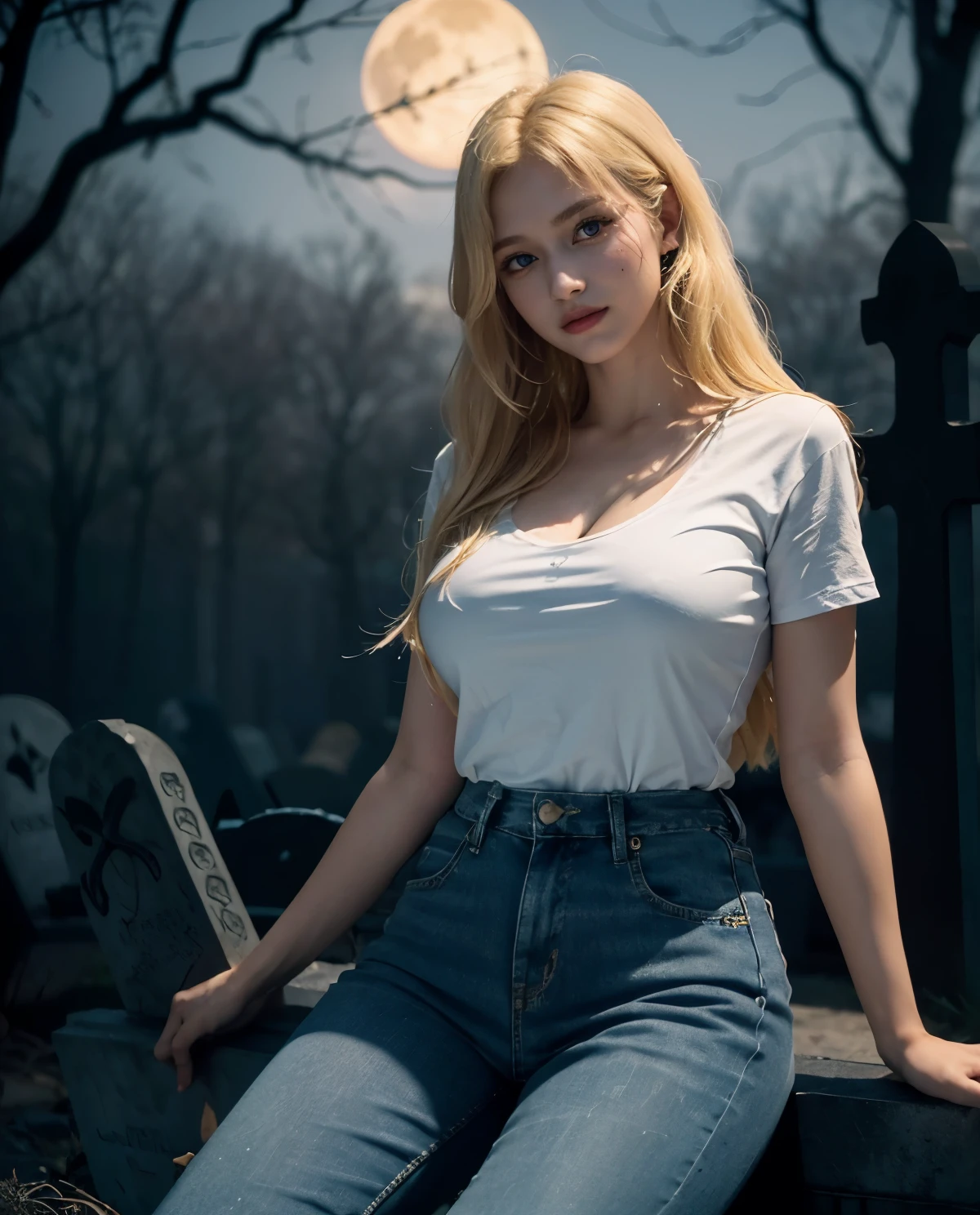 1girl, Blue eyes, (smile), (Sana Minatozaki), wide hips, Big , big ass, (Best Quality, 8k, Masterpiece: 1.3), perfect hands, Clear Focus: 1.2, Perfect Body Beauty: 1.4, Highly detailed face and skin texture, detailed eyes, double eyelids, (blonde long hair :1.2), white cleavage t-shirt, jeans, sitting, dim light, (in a scary graveyard at night :1.4), ((dark theme :1.3)), (darkness), fog, mist, ((abandoned tombstones :1.1)), dry trees, full moon in the background