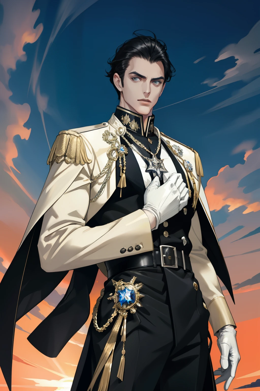 (masterpiece, best quality), 1 male, adult, handsome, tall muscular guy, broad shoulders, finely detailed eyes and detailed face, extremely detailed CG unity 8k wallpaper, intricate details, slick black hair, black sharl eyes, 1960 city background, nobleman, aristocratic, elegant, neat, graceful, sunset, scenery, black general's uniform, white gloves, empire, cowboy shot,