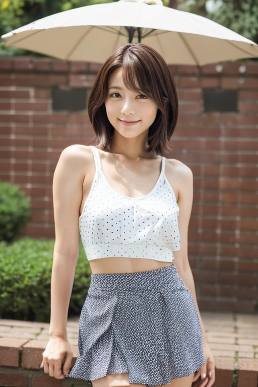 A Japanese woman with a live-action thin face standing facing forward is the Japanese actress Minami Hamabe, Her face is Minami Hamabe, a Japanese actress., Standing posture, The camera is shot from the front (outfit detailing： white tank top with polka dots, Fluttering colorful mini skirt) (Body details：lean body, Height: 155cm, Bust 78cm, Waist 55cm, Hip 85cm, thin upper arms, Healthy thighs) (detailed background, Old brick）（Detailed model figure：face is facing the camera, The body is facing the camera) (Photo composition：Front of the body, Photo from thighs up,looking at the camera,　Photo from the front) (hair details：Bob cut brown hair)