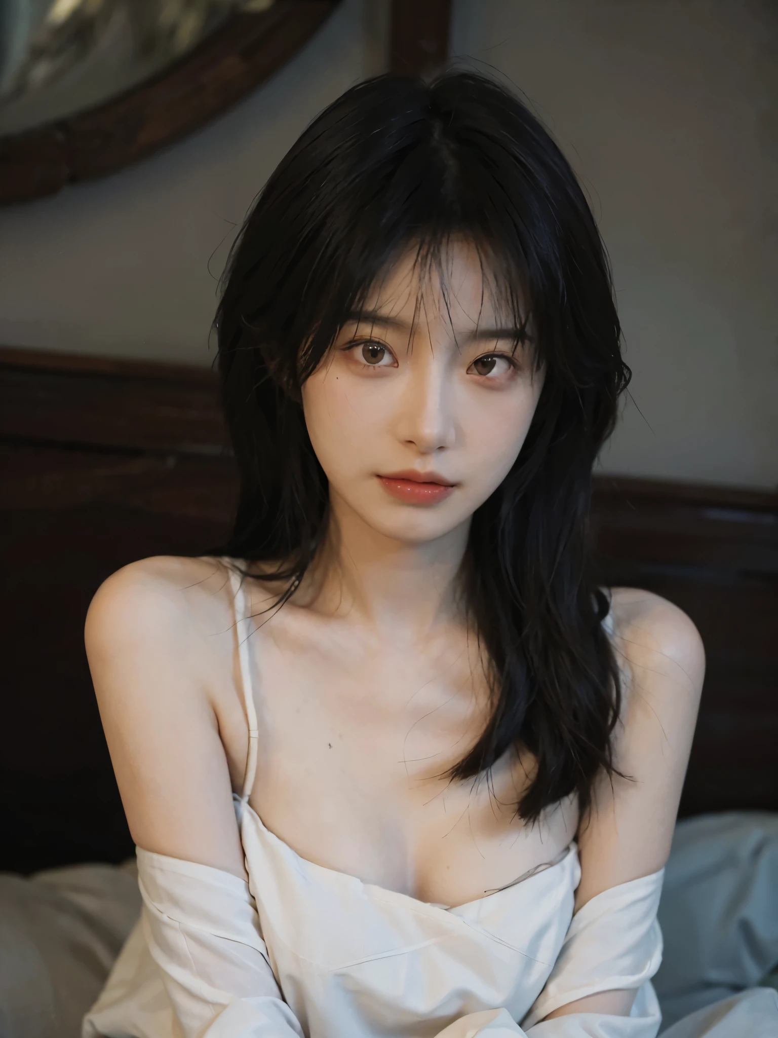 Film portrait photography, 1 girl, bare shoulders, Shoulder length wavy hair, serene, calm, (Realistic and detailed eyes, natural skin texture, Realistic facial details), Soft dramatic lighting, depth of field, Bokeh, Vibrant details, Detailed and detailed, Surrealism, 35mm film, hazy, ,