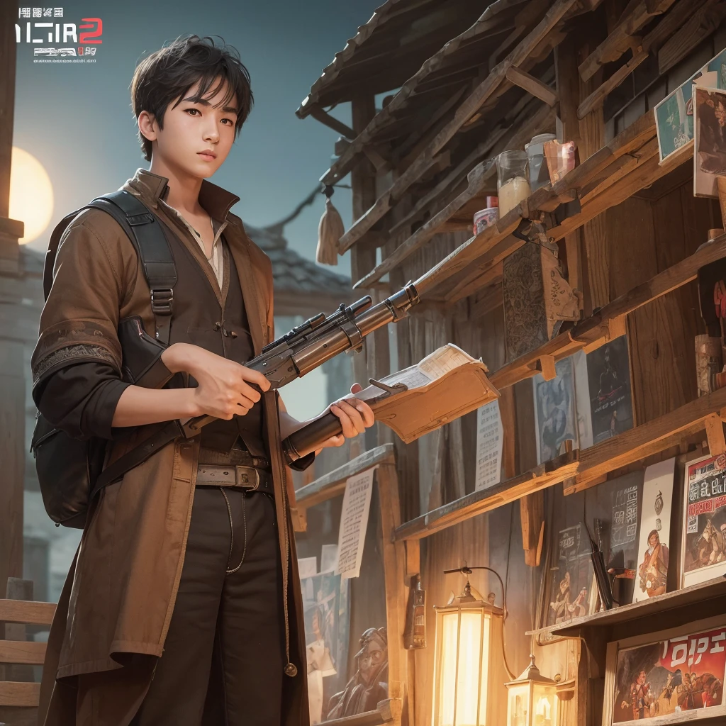 High resolution, Super detailed, masterpiece, highest quality,oriental、solo、boy、boy working in the field、game poster、Mompe figure、