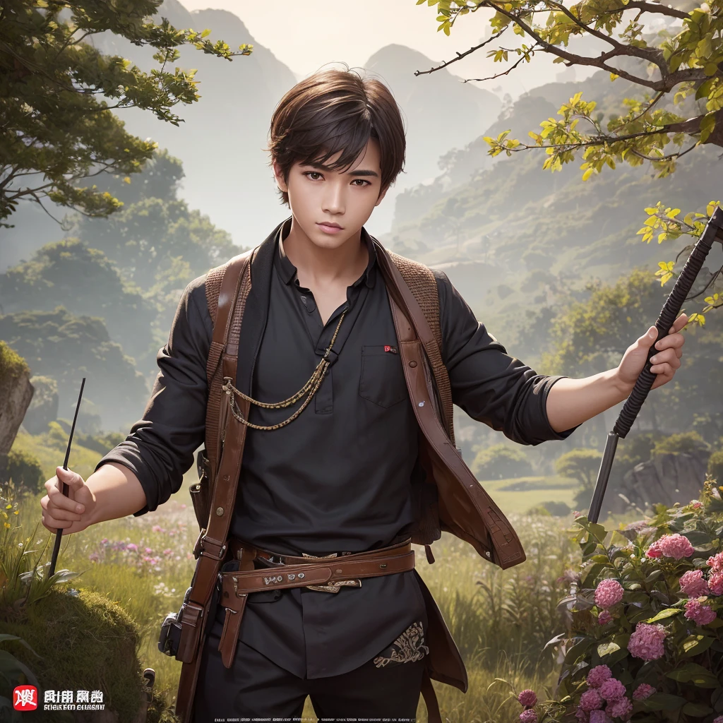  High resolution, Super detailed, masterpiece, highest quality,oriental、solo、boy、boy working in the field、game poster、Mompe figure、