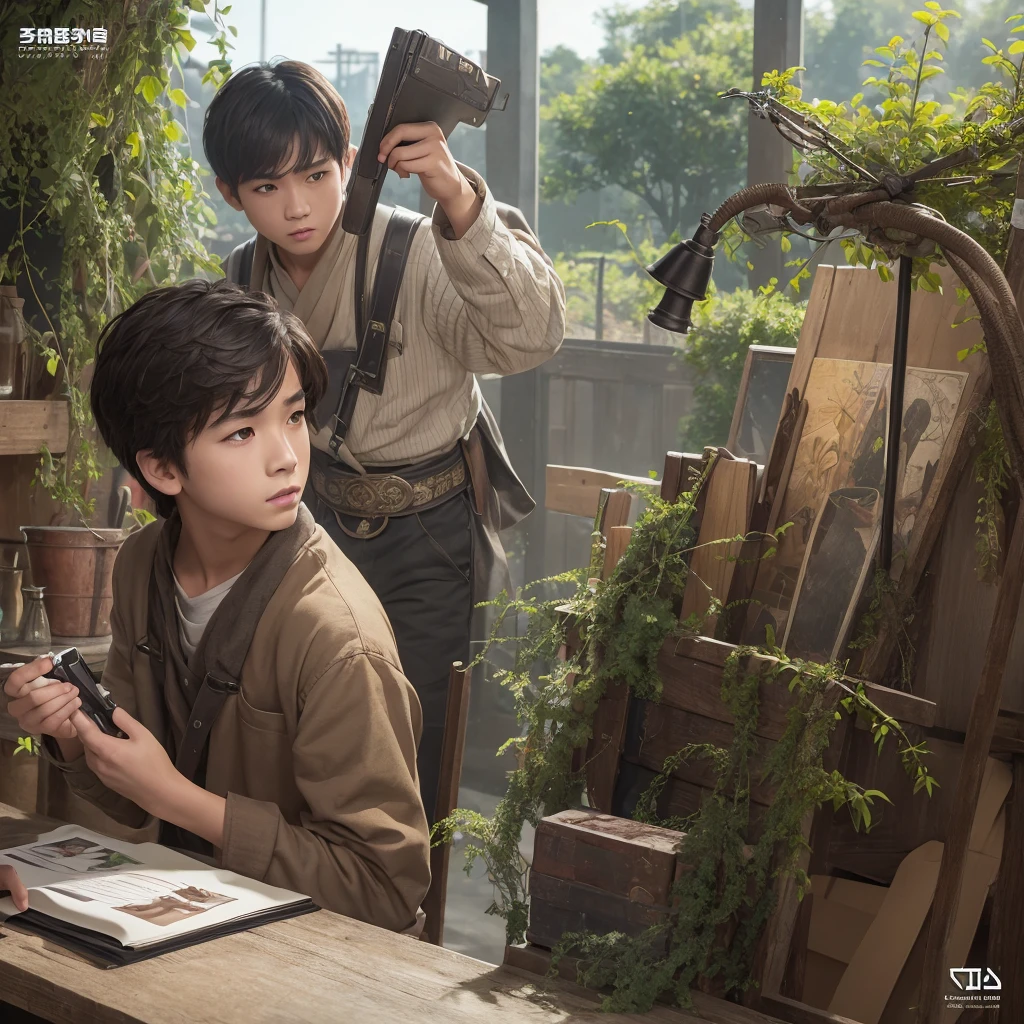  High resolution, Super detailed, masterpiece, highest quality,oriental、solo、boy、boy working in the field、game poster、Mompe figure、