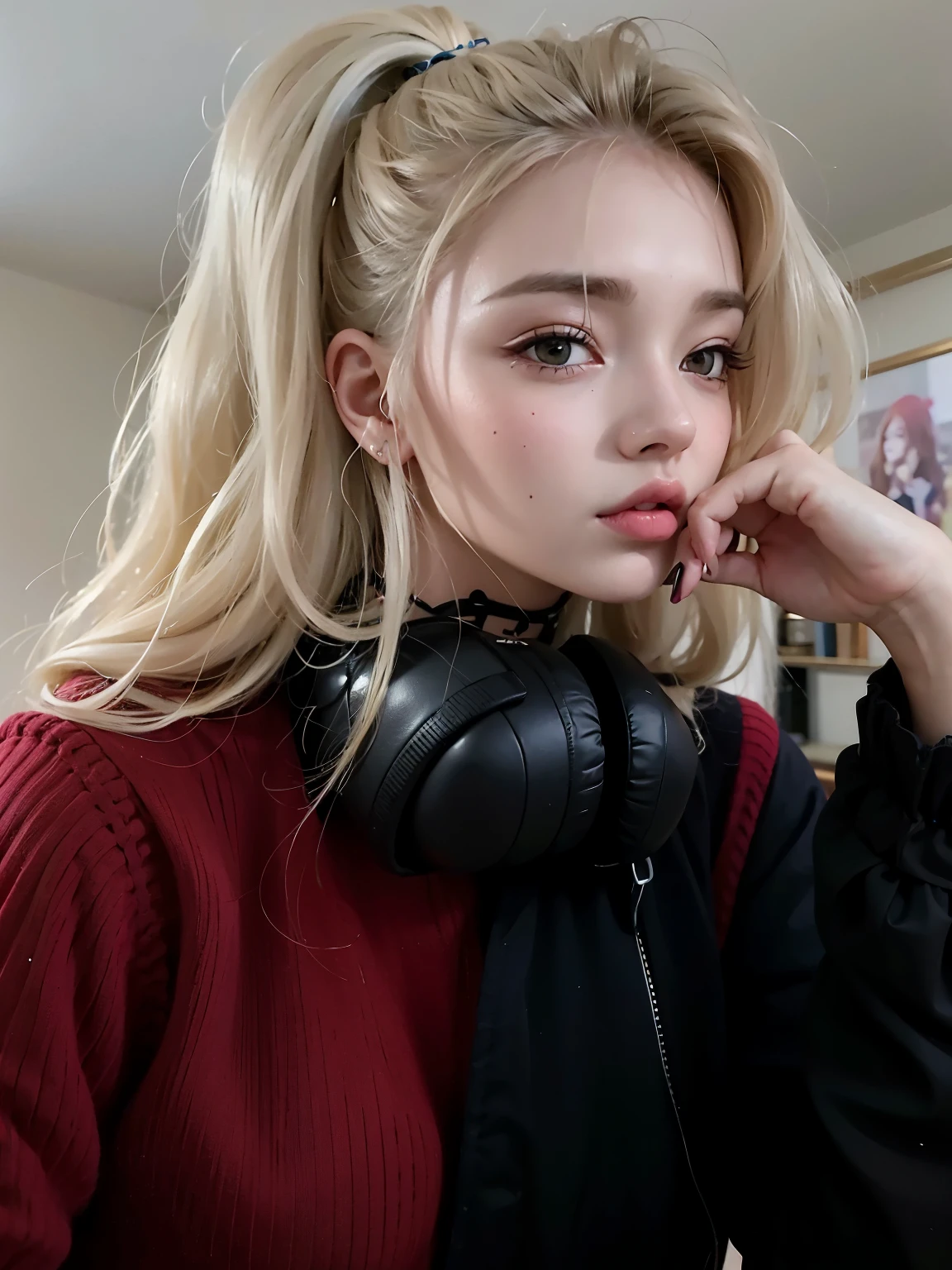 blond woman with auriculares on looking at camera in a mirror, chica perfecta de pelo blanco, with auriculares, con auriculares, su cabello es blanco, retrato de alta calidad, 18 years, parece una mezcla de mugre, 🤤 girl portrait, she parece una mezcla de mugre, vibraciones de anime, ava max, , ella tiene una cara linda, auriculares