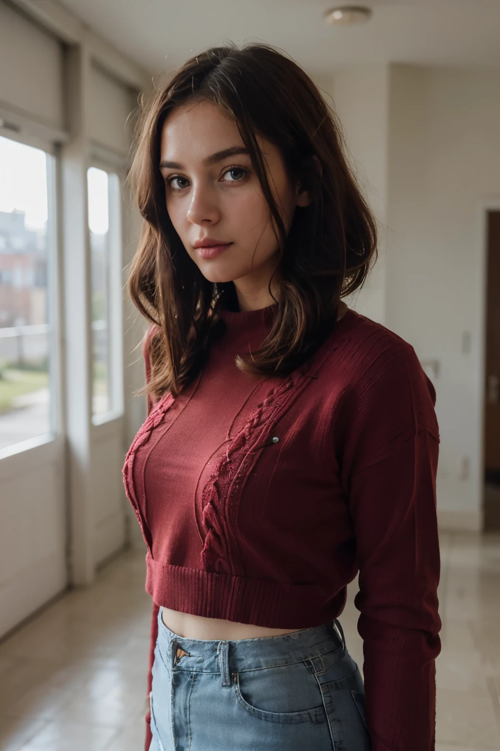 hire, sunlight, Backlight, ((cinematic light, ray tracing)), (masterpiece),((super detailed)), (Detailed CG illustration), (highest quality:1.2),(1 girl:1.2),fine texture, intricate details, fine texture, high quality shadow, realistic expression of face, Detailed Beautiful and Delicate Face, Fine, beautiful and delicate eyes, brown eye pupil, perfectly proportioned face, Depth of bounds written, perspective,20th generation, glossy lips, perfect body, Medium chest, clear_image, focus only, (brown hair), (((Perm Straight Hairstyles))), (Finely drawn beautiful eyes and detailed face), light source contrast, ((medium hair)), 21 years old, Background of the hallway seen from the entrance, ((Red knit sweater)),((Denim skirt)), Medium chests,Opening the Door
