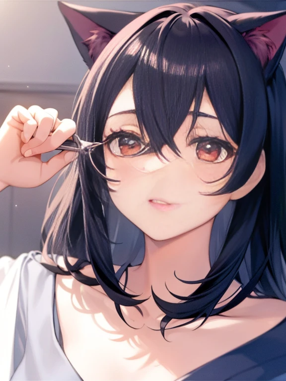 Japanese cartoons, Japanese cartoons cat girl, Lovely Japanese cartoons girl, black and white, high quality (masterpiece), (best quality), (complex_detail:1.1), (detailed meticulous:1.4), (clearly_image:1.2), (Cafe background), solo girl, Lovely, (Face focus), Shining red eyes/black hair, cat ears, vine, soft light, shirt,
