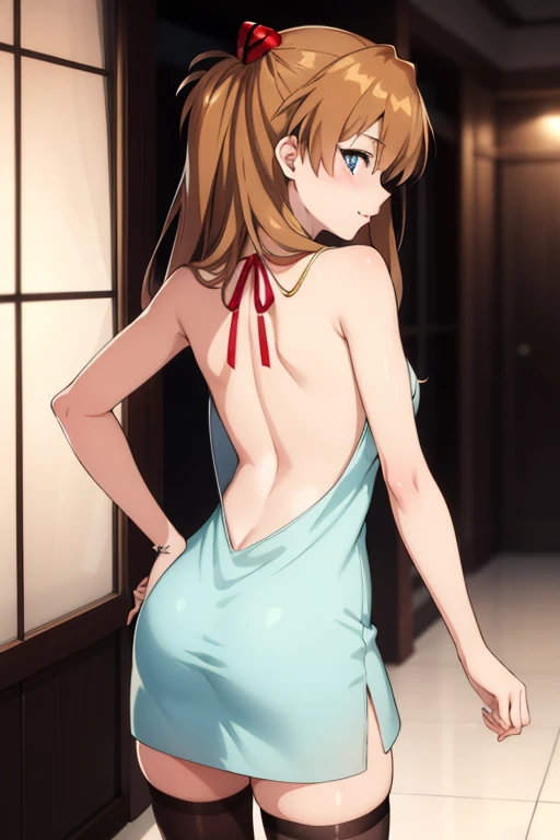 8k, beautiful and detailed, warm lighting, 1girl, souryuu asuka langley, (low back dress, backless cami dress), narrow hips, formal party, mischievous look, stockings, small frame, jewelry, tease, skinny,