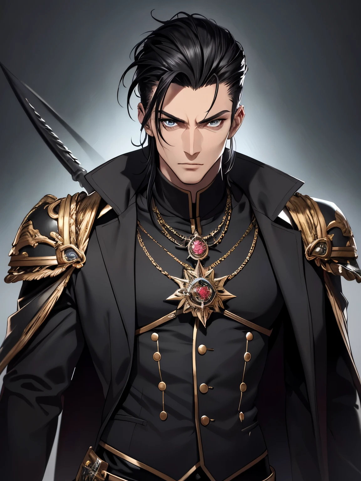 (absurderes,A high resolution,Ultra - detailed),mature,beau,tall muscular man,a broad shoulder,cheveux noir,yeux noirs,manteau noir,Fine eyes and detailed face, tmasterpiece, The best quality at best, 1boy, Tient un pistolet doubl, pistolet complexe, solo, beau, short and detailed hair,slick balck hair, combed back, T 恤, veste noire noire, Pantalon noir, The upper part of the body,(Warhammer Fantasy Theme:1.1)