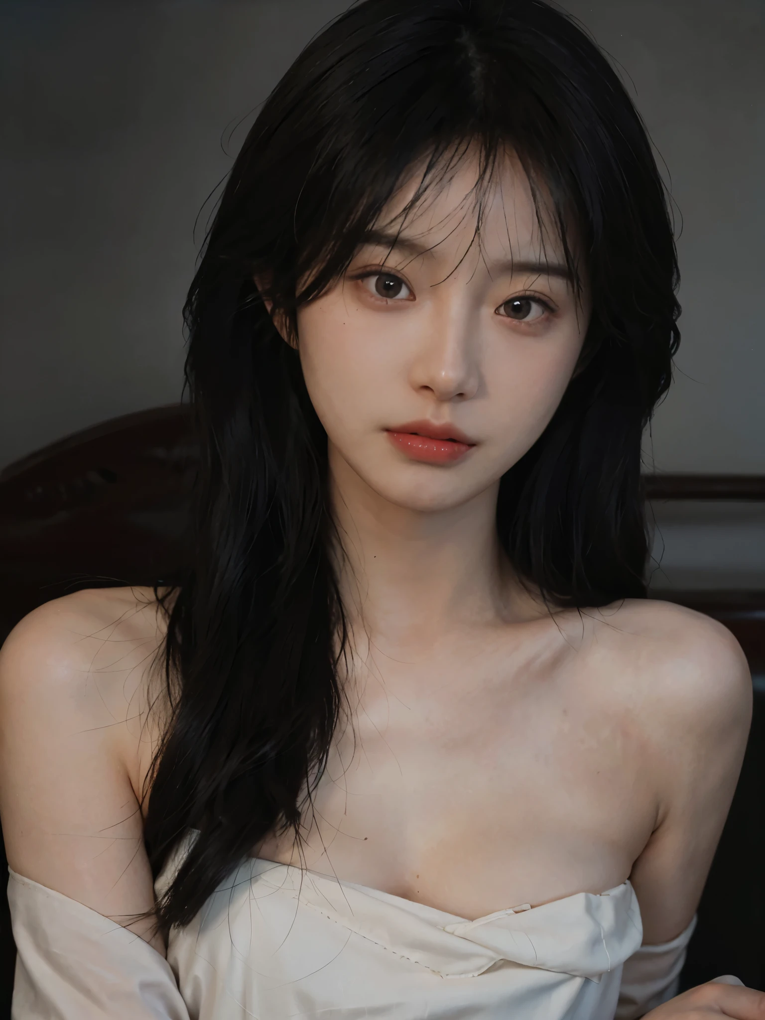 Film portrait photography, 1 girl, bare shoulders, Shoulder length wavy hair, serene, calm, (Realistic and detailed eyes, natural skin texture, Realistic facial details), Soft dramatic lighting, depth of field, Bokeh, Vibrant details, Detailed and detailed, Surrealism, 35mm film, hazy, ,