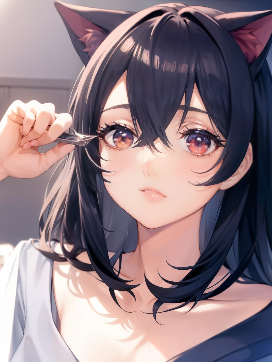 Japanese cartoons, Japanese cartoons cat girl, Lovely Japanese cartoons girl, black and white, high quality (masterpiece), (best quality), (complex_detail:1.1), (detailed meticulous:1.4), (clearly_image:1.2), (Cafe background), solo girl, Lovely, (Face focus), Shining red eyes/black hair, cat ears, vine, soft light, shirt,