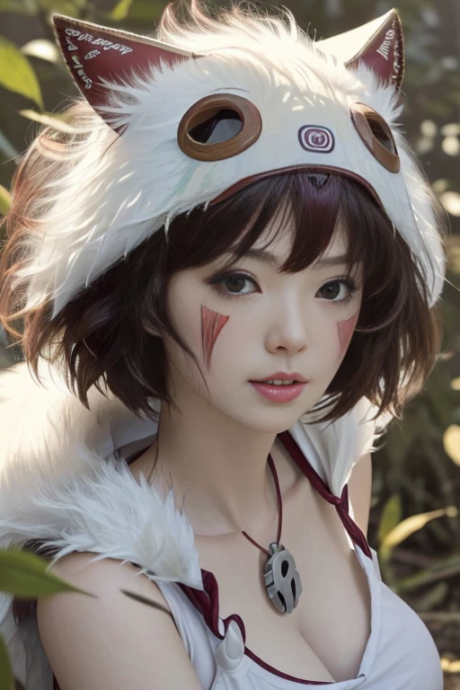 (software),(realism, ultrarealism,masterpiece, highest quality, 小型detailed), 1 girl, Wild Girl, glamor close up shot (From above) of beautiful (princessmononoke) Liar (Next to the wolf), (hugging a white fluffy wolf),  surrounded by leaves, fluffy, pixie cut, extremely short hair,( Big breasts, upright ), winding,  Severe, detailed, (realistic, photograph), blurred background, soft focus, face focus, dramatic light, Atmospheric Photography,    detailedな美しい顔, detailed pupil, 目のdetailedな虹彩, detailedなふっくらandした唇, sharp focus, (Student accent),  cute face,  close up portrait,  best selling,  瞳孔のまぶしさand反射,Kana Hashimoto、and