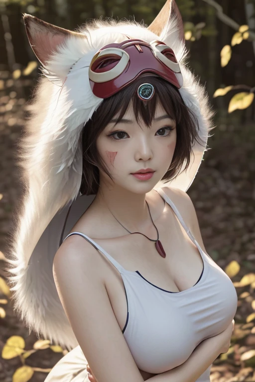 (software),(realism, ultrarealism,masterpiece, highest quality, 小型detailed), 1 girl, Wild Girl, glamor close up shot (From above) of beautiful (princessmononoke) Liar (Next to the wolf), (hugging a white fluffy wolf), surrounded by leaves, fluffy, pixie cut, extremely short hair,( Big breasts, upright ), winding, Severe, detailed, (realistic, photograph), blurred background, soft focus, face focus, dramatic light, Atmospheric Photography, detailedな美しい顔, detailed pupil, 目のdetailedな虹彩, detailedなふっくらandした唇, sharp focus, (Student accent), cute face, close up portrait, best selling, 瞳孔のまぶしさand反射,Kana Hashimoto、and