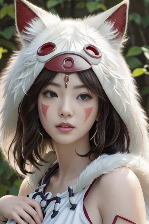 (software),(realism, ultrarealism,masterpiece, highest quality, 小型detailed), 1 girl, Wild Girl, glamor close up shot (From above) of beautiful (princessmononoke) Liar (Next to the wolf), (hugging a white fluffy wolf),  surrounded by leaves, fluffy, pixie cut, extremely short hair,( Big breasts, upright ), winding,  Severe, detailed, (realistic, photograph), blurred background, soft focus, face focus, dramatic light, Atmospheric Photography,    detailedな美しい顔, detailed pupil, 目のdetailedな虹彩, detailedなふっくらandした唇, sharp focus, (Student accent),  cute face,  close up portrait,  best selling,  瞳孔のまぶしさand反射,Kana Hashimoto、and