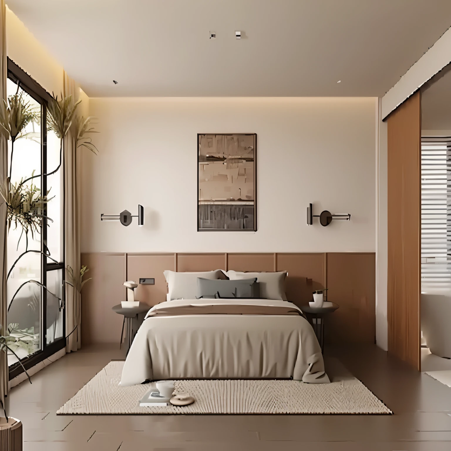 Interior design, bedroom home, oblique view, 3D product rendering, home scene, plant decoration, natural light, realism, high quality, 8K, very realistic