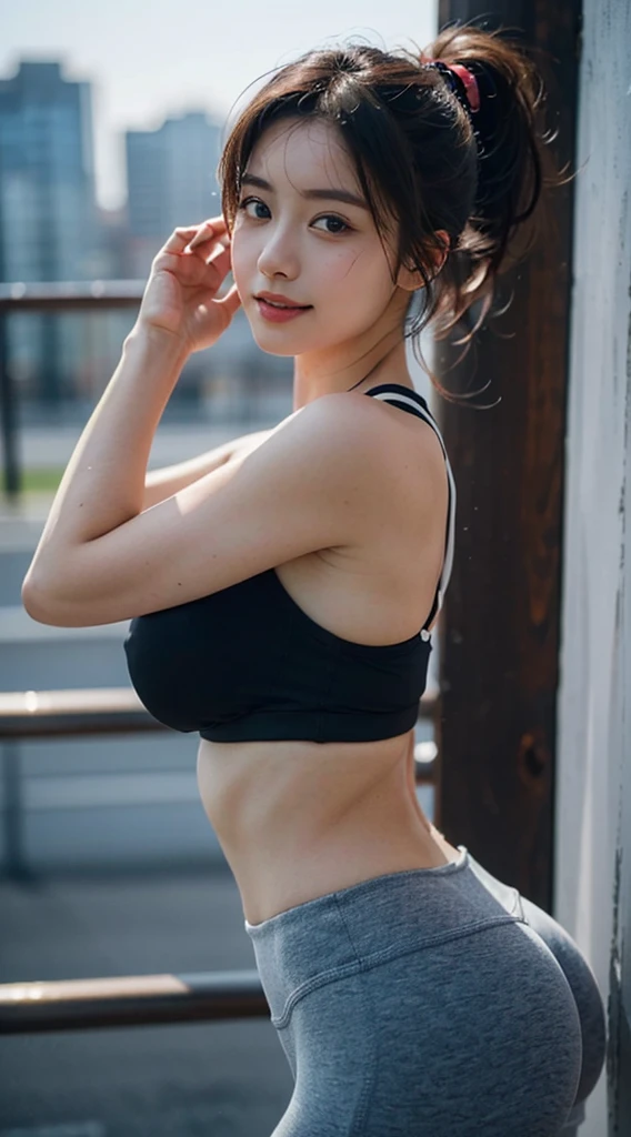 ((Top Quality、8K、masterpiece:1.3))、a tall and beautiful woman、Perfect Figure:1.4、Slim Abs、dark brown hairstyle、shorth hair、Light grey yoga pants、No postural movement、Stand up straight、Huge bust、Highly detailed facial and skin texture、詳細な目、Double eyelidd、Cold-stricken face、Royal sisters full of fans、The Telegraph Svion、peach buttocks、Small sports bra、squart、(Raw foto:1.2)、((Photorealcitic:1.4))Top Quality、masterpiece、illustratio、very delicate and beautiful.、super detailed CG、Unity、8K photo wallpaper、delicate detail、best qualtiy、Highly detailed CG unity 8k wallpaper、absurderes、Incredibly Absurd、huge file size、extremely highly detailed、Hight Resolution、ighly Details、Beautiful detail girl、extremely detailed eyes and face、beautiful delicate eyes、Facial light、cinematic lightings、1girll、see -through,Watch your audience,plein air,Sunny and cheerful、high ponytail、a sporty girl、ulzzang-6500、The Telegraph Svion、yoga clothes、Sportsgirl、gym、Tranning、Exercise、machinery, large full breasts, Jumping moose