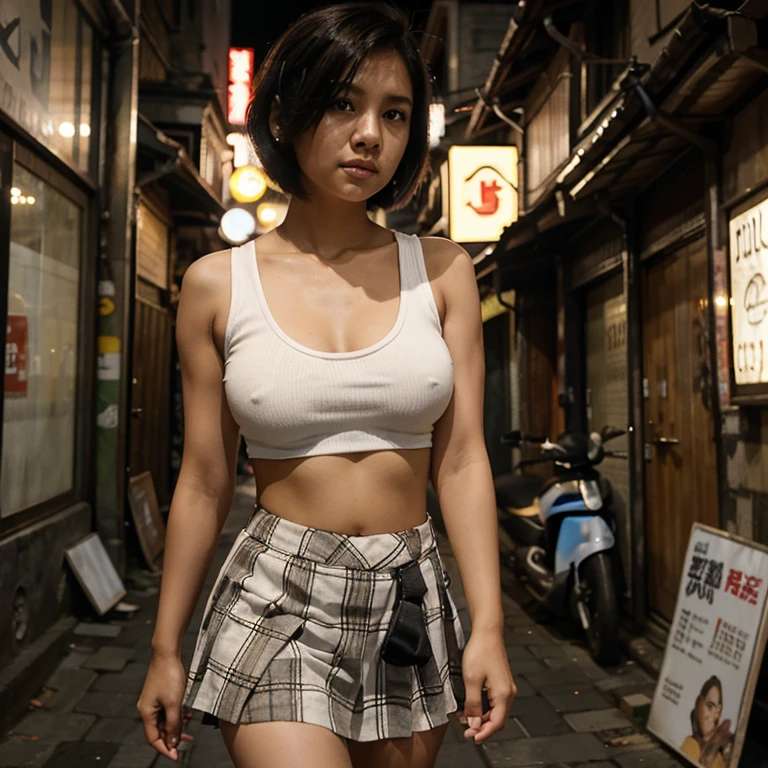an Indonesian girl with short hair, wearing a white tank top, big breasts visible, wearing a checkered skirt, in the background of a busy narrow alley at night