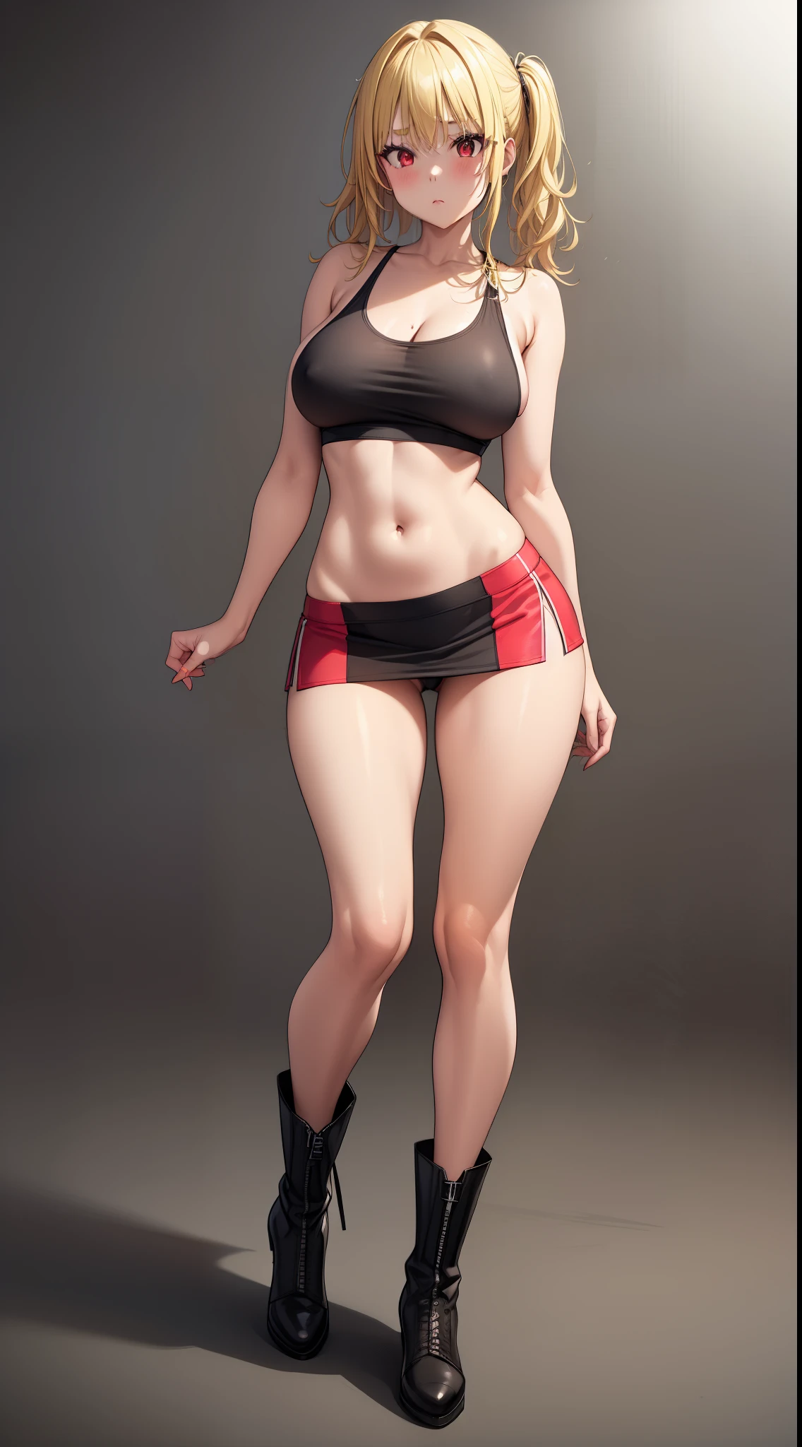 human woman, blonde hair, red eyes, athletic body, long legs, big breasts, two-piece clothing, tight t-shirt, mini skirt, boots, 8k, hd, masterpiece, full body, white background