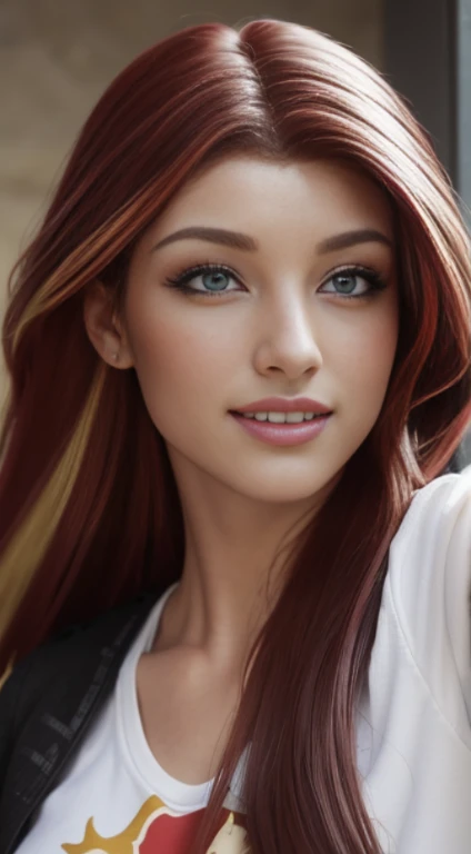 (Obra maestra, La mejor calidad, fotorrealista, Altas Resoluciones, Cinematographer, :1.3), Foto selfie de la parte superior del cuerpo, sharp focus, 1 chica adolesente , 16 years, Chica europea, Modelo linda, diafragma, Ojos verdes y pupilas altamente detallados, Piel realista, Forma delgada del cuerpo, escote, cabello extremadamente detallado, They are smiling, sexy, ((Camiseta con cuello en V)), interior, ((realista, super-realistic, realismo, Detalles realistas)), sunset shimmer humana , sunset shimmer , mlp , lindo maquillaje labios rojos , cabello rojo con mechas doradas , pony tail  , gran sonrisa ,  ropa grunge , ropa de motociclista , maquillaje , labios rojos , posando y saludando a la camara