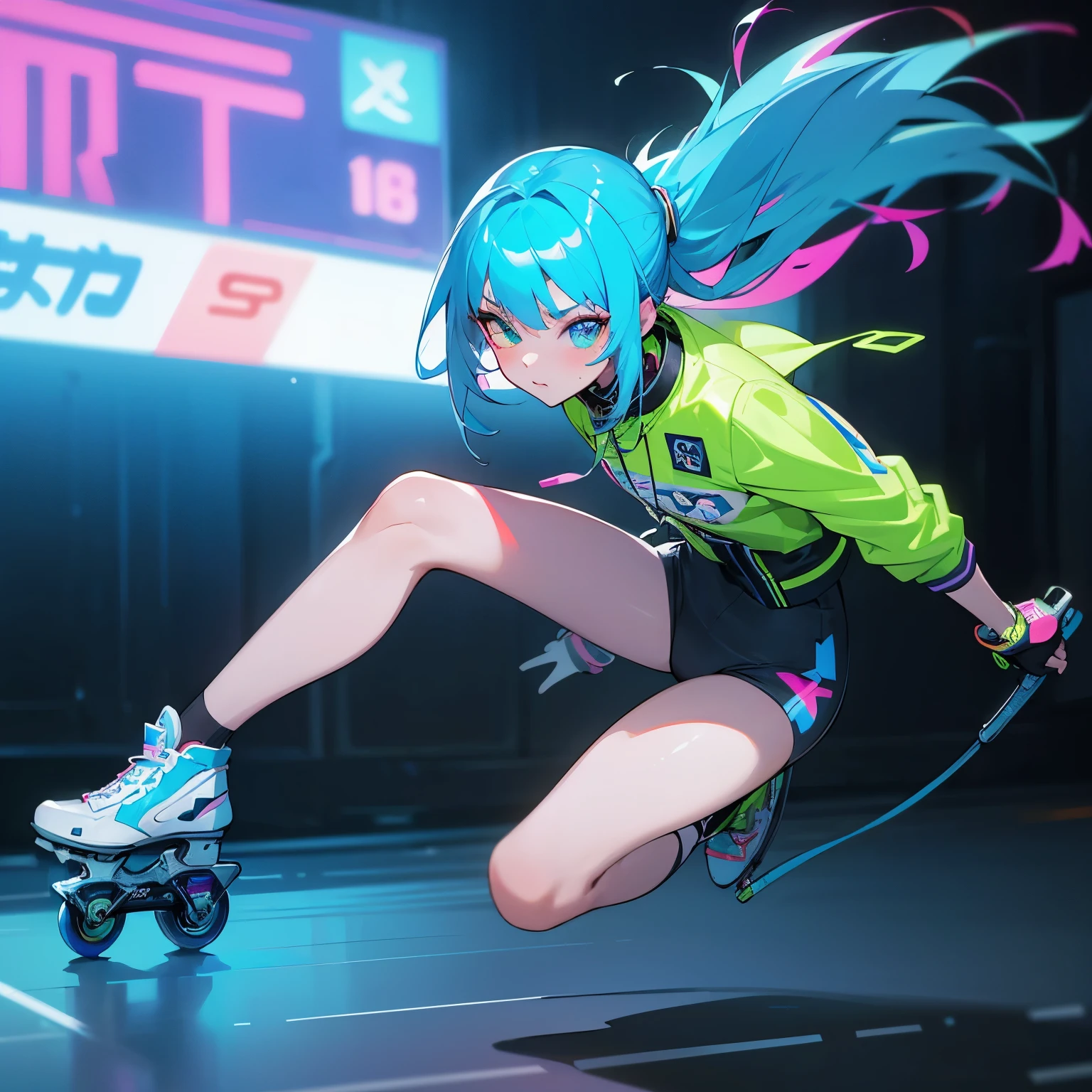 《masterpiece》, 《best quality》, 《ultra-detailed》, 《perfect face》
1girl, neon style, blue neon style, neon tokyo, Skates,Skating , Blurred background, neon jacket, heterochromia eyes, Looking at side, {{perfect Skates}}, `