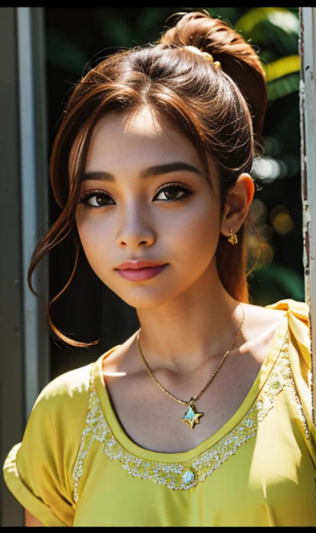Photo of a 14 year-old american girl, .RAW, hermosa chica adolesente, (Long brown hair with ponytail), light brown hair ponytail hairstyle((retrato)), ((Cara detallada:1.2)), ((Detailed facial features)), (Piel finamente detallada) , (Masutepiece) (proporciones perfectas)(fotos realistas)(La mejor calidad) (Detallado) fotografiado con una EOS R5 de Canon, Lente de 50 mm, f/2.8, NffSW, (8k) (papel tapiz) (cinematic lighting) (Dramatic lighting) (sharp focus) (Enrevesado) senos medianos , pechos medianos , pecas en mejillas , cuerpo completo , hermoso cuerpo de mujer , lindo maquillaje , gran sonrisa , mujer delgada escultural , vestido de gala amarillo , vestido elegante escotado , dentro de casa , sala , posando en ventana