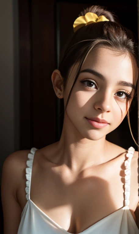 Photo of a 14 year-old american girl, .RAW, hermosa chica adolesente, (Long brown hair with ponytail), light brown hair ponytail hairstyle((retrato)), ((Cara detallada:1.2)), ((Detailed facial features)), (Piel finamente detallada)  , (Masutepiece) (proporciones perfectas)(fotos realistas)(La mejor calidad) (Detallado) fotografiado con una EOS R5 de Canon, Lente de 50 mm, f/2.8, NffSW, (8k) (papel tapiz) (cinematic lighting) (Dramatic lighting) (sharp focus) (Enrevesado) senos medianos , pechos medianos , pecas en mejillas , cuerpo completo , hermoso cuerpo de mujer ,  lindo maquillaje , gran sonrisa  , mujer delgada escultural , vestido de gala amarillo , vestido elegante escotado , dentro de casa , sala , posando en ventana