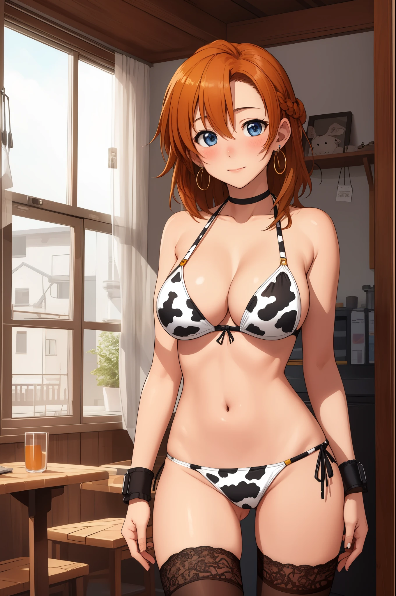 (Masterpiece, Best Quality, High Quality), professional artwork, well drawn, Intricate Details,solo, Kousaka honoka, room, ultra detail hair, ultra detail face, perfect eyes, earring, blushing, embarrassed, bikini,cow print, elbow band , thighhighs , breasts gap