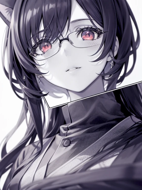 Japanese cartoons, Japanese cartoons cat girl, Lovely Japanese cartoons girl, black and white, high quality (masterpiece), (best quality), (complex_detail:1.1), (detailed meticulous:1.4), (clearly_image:1.2), , solo girl, Lovely, (Face focus), Shining red eyes/black hair, cat ears, vine, soft light, shirt,Glasses