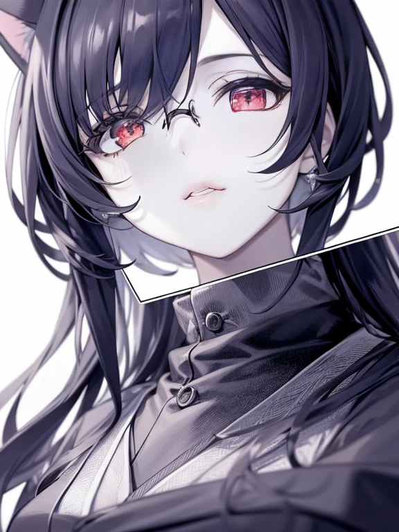 Japanese cartoons, Japanese cartoons cat girl, Lovely Japanese cartoons girl, black and white, high quality (masterpiece), (best quality), (complex_detail:1.1), (detailed meticulous:1.4), (clearly_image:1.2), , solo girl, Lovely, (Face focus), Shining red eyes/black hair, cat ears, vine, soft light, shirt,Glasses