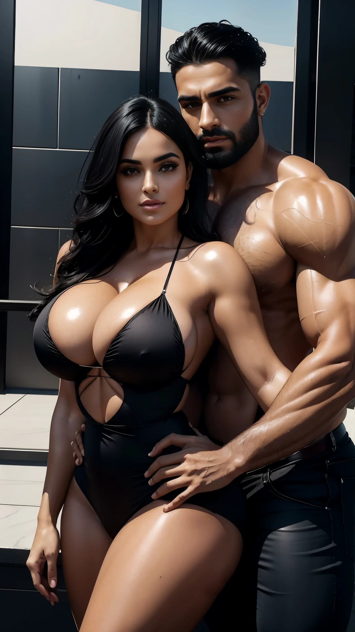 Mulher e homem Latinos, Ela fazendo sexo oral couple. they are both 30 years old. Woman has very long, wavy black hair, Rosto chubby lindo, corpo chubby, corpo perfeito, voluptuous curvy body, seios enormes, bunda empinada, skin oiled, Olhos detalhados, detailed hands. Homem tem cabelo preto liso undercut, rosto lindo perfeito, rosto delicado, Symmetrical face, ele tem olhos castanho claros, barba feita, boca pequena linda levemente rosada, corpo bodybuilder, he has a tattoo on his right arm. Very high quality photography, 8k, tirada de uma Canon EOS R6.