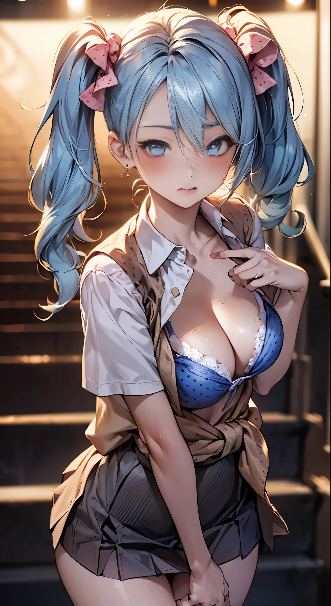 (masterpiece:1.2, highest quality), (realistic, photorealistic:1.4), beautiful illustrations, 
looking at the viewer, whole body, Front view:0.6, 
1 female, Japanese, ((light blue hair:1.5, twin tails:1.5)), blown hair, bangs, hair between eyes, ((Height: 167cm, C-cup elastic breasts, thin waist, peach butt)) 
beautiful hair, beautiful face, beautiful and detailed eyes, (blue eyes:1.3), beautiful clavicle, beautiful body, beautiful breasts, beautiful thighs, beautiful feet, beautiful fingers, 
(beautiful scenery), A beautiful concert stage,
((polka dot dress:1.3, detailed accessories, vest, mini skirt)), white panties, 
(Are standing, lift the skirt, Grab the hem of the skirt, put your hand on your chest, hand between legs), 
(Look at the viewer while blushing:1.3), ((idol costume))