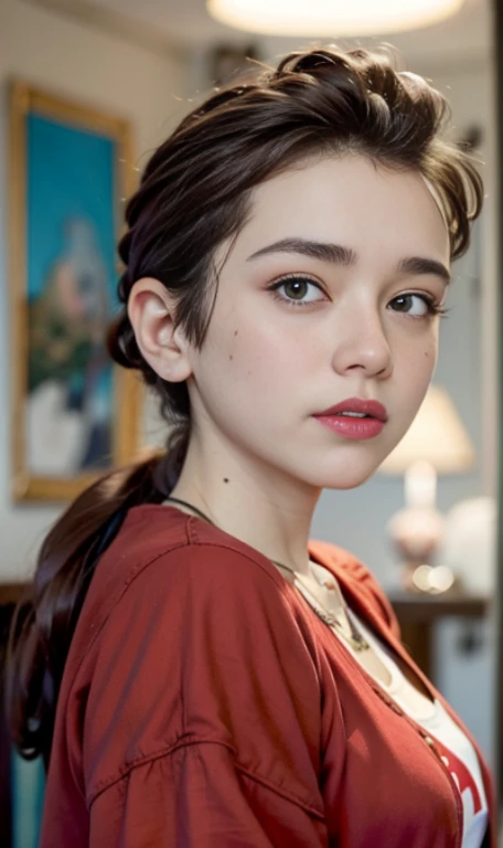 Photo of a 15 year-old American girl, .RAW, beautiful woman, (Long brown hair with ponytail), light brown hair ponytail hairstyle((retrato)), ((Cara detallada:1.2)), ((Detailed facial features)), (Piel finamente detallada), Pale skin , ojos azules , ropa de in invierno , chaqueta rojo tipo gabardina , guantes rojos 、Un sexy(cool color), humid, humid, Reflectoreasutepiece) (proporciones perfectaotos realistas)(La mejor calidad) (Detallado) fotografiado con una EOS R5 de Canon, Lente de 50 mm, f/2.8, NffSW, (8k) (papel tapiz) (cinematic lighting) (Dramatic lighting) (sharp focus) (Enrevesado) senos grandes , pechos grandes , pecas en mejillas , cuerpo completo , hermoso cuerpo de adolesente , posando sexy a la camara , posando de frente para la camara ,lindo maquillaje , gran sonrisa , labios abiertos , fondo variado