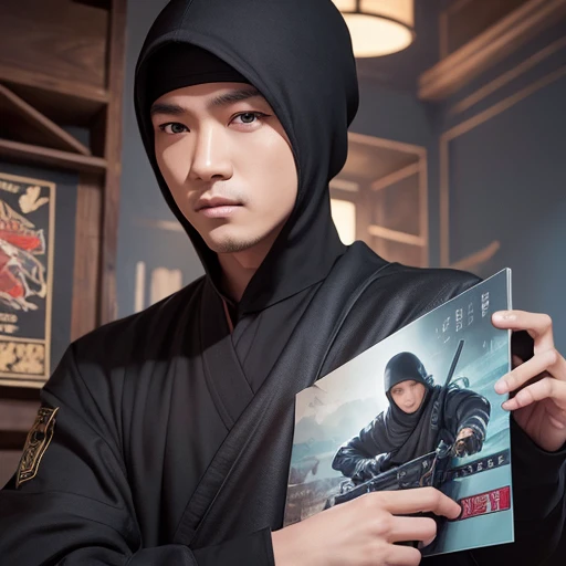 High resolution, Super detailed, masterpiece, highest quality,oriental、solo、boy、game poster、ninja clothes、